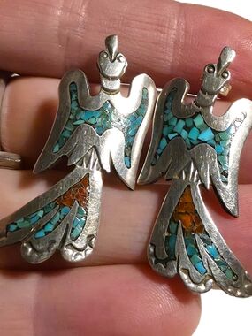Turquoise & Coral Inlay Thunderbird Post Earrings Sterling Silver- Women Jewelry